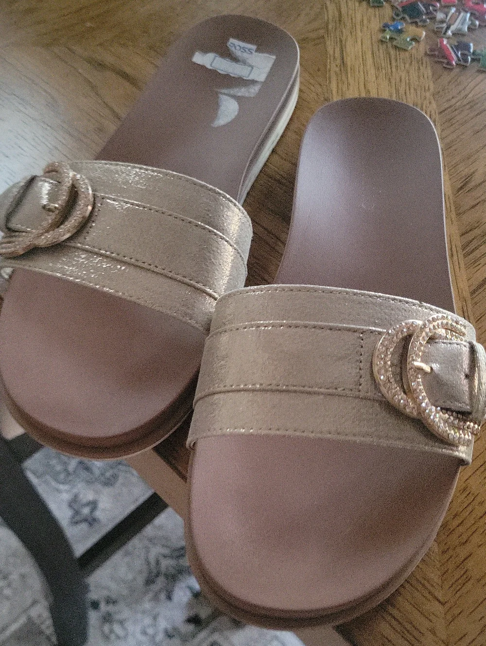 Metallic Gold Slide Sandals with Decorative Buckle 10.WIDE